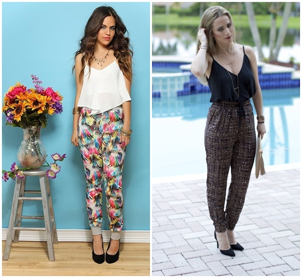 Những mẫu joggers họa tiết hoa văn mix cùng áo thun, áo hai dây và giày cao gót cho bạn vẻ quyến rũ ngọt ngào.