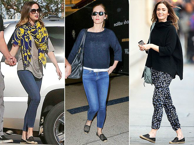 Người đẹp Emily Blunt cũng là một tín đồ của giày đế cói khi lựa chọn đôi slip-on vải lưới thoáng mát kết hợp với quần skinny jeans hoặc họa tiết năng động. Ảnh: Whowhatwear.