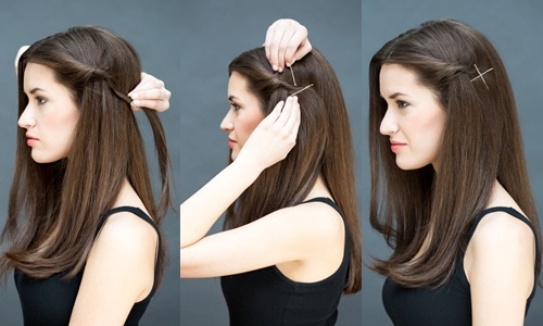 Tóc mái lệch: Vén một lọn tóc mai, xoắn tròn rồi dùng 2 chiếc cặp tăm cặp cố định. Đan chéo cặp tăm tạo hình chữ X để làm điểm nhấn cho kiểu tóc.