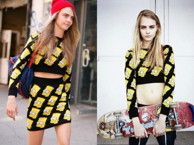 Những món đồ như mũ len beanie màu sắc nổi bật, set váy áo họa tiết Simpsons là lựa chọn của nhiều teen girl sau khi ngắm nhìn Cara Delevingne mặc.