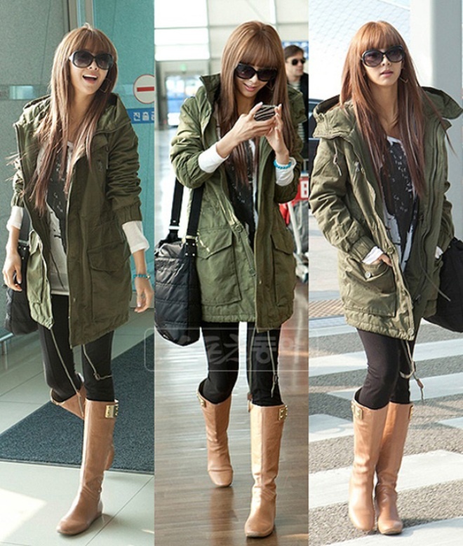 Áo parka là mốt thời trang hot ngày đông lạnh và được nhiều sao Hàn ưu ái. Dáng người mảnh mai như G.Na thì đừng nên bỏ qua set đồ quần skinny, áo phông bên trong, bốt cao cổ và áo choàng parka