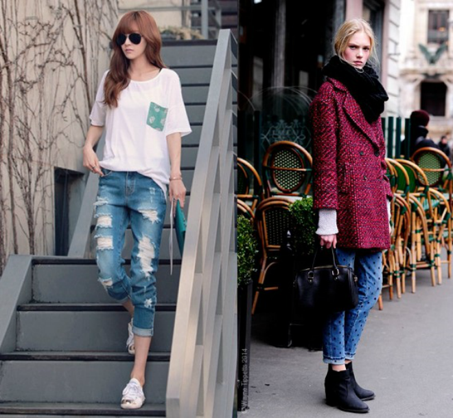 1. Quần jeans: Đây là items quen thuộc nhất, dễ phối đồ nhất trong mọi hoàn cảnh, thời điểm. Jeans có nhiều kiểu dáng đẹp như hiện đại với denim bó sát, bụi bặm với denim rách, nghịch ngợm với denim vá, hoài cổ với denim ống loe hay năng động với denim baggy.