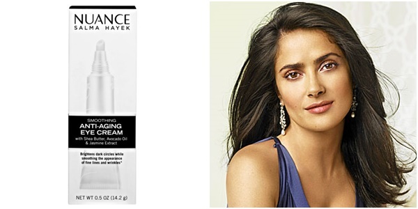 7. Salma Hayek: Salma bổ sung độ ẩm cho vùng da quanh mắt bằng loại kem chống lão hóa mắt thuộc thương hiệu Nuance. Loại kem này cũng có tác dụng làm sáng da và giúp vùng da quanh mắt được săn chắc hơn.