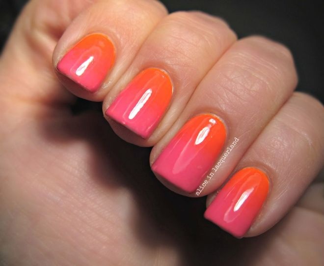 4. Cam và hồng: Sự kết hợp giữa màu cam và màu hồng rất phù hợp với những bạn gái năng động. Cách sơn móng ombre là lựa chọn lý tưởng khi mix 2 gam màu này.