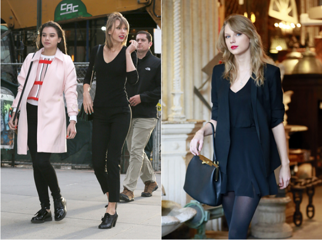 2. Black-on-black: Taylor Swift rất biết cách khiến mình trở nên quyến rũ mà không hề phản cảm bằng cách diện cả cây đen cùng màu son đỏ và chuốt mascara đậm. Không cần quá nhiều phụ kiện rườm rà, chỉ một chiếc kính hay chiếc túi cùng màu cũng đủ khiến Taylor  tỏa sáng trên đường phố.