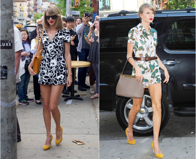 8. Rompers: Rompers là kiểu áo liền quần với phần ống quần ngắn như quần shorts. Đây cũng là một trong những món đồ yêu thích của Taylor Swift, cô thường phối rompers họa tiết cá tính với giày cao gót. Một chiếc thắt lưng bản vừa ngang eo sẽ giúp tôn dáng hơn nhiều.