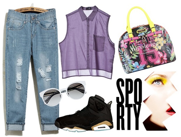 Set đồ 1: Jeans boyfriend khỏe khoắn và cá tính có thể kết hợp với croptop xuyên thấu gợi cảm. Vì vậy để tạo điểm nhấn, bạn hãy chọn túi cùng tông, mang họa tiết hoa lá nổi bật cùng giày thể thao để tăng nét khỏe khoắn, năng động.