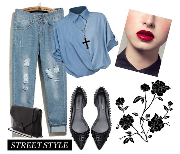 Set đồ 4: Nếu muốn gợi cảm hơn, bạn có thể chọn áo sơ mi chất liệu mềm nhẹ kết hợp cùng giày bít mũi và jeans boyfriend. Tông màu son đỏ đậm sẽ hoàn chỉnh vẻ ngoài của bạn.