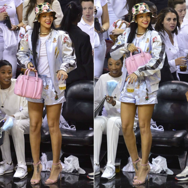 7. Áo khoác bóng chày: Rihanna nổi bật với áo khoác bóng chày ánh kim bắt mắt. Khi mix đồ với kiểu áo khoác thu hút này, bạn nên phối cùng áo trơn màu, đơn giản bên trong.