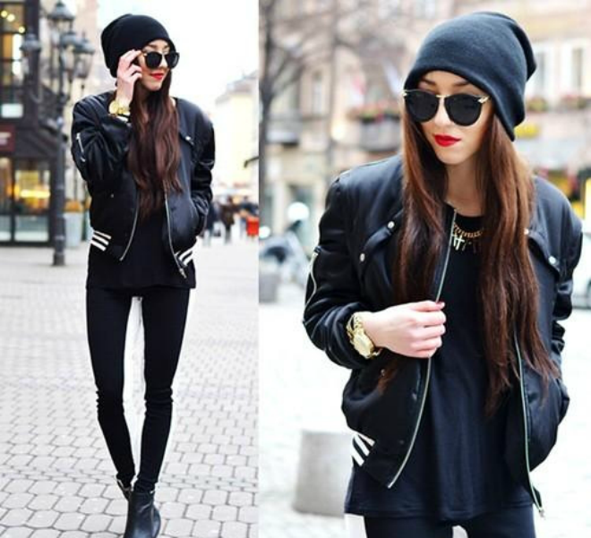 Nếu là một cô nàng sporty, hẳn bạn sẽ không thể bỏ qua kiểu áo bomber với điểm nhấn là phần bo đen trắng khi mix kèm áo thun và skinny jeans.