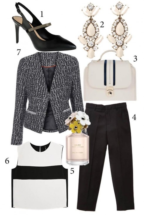 Thứ 3: Áo blazer có phần eo gọn tăng phần nữ tính và lịch sự cho bộ trang phục. Thêm phụ kiện như chiếc bông tai nổi bật sẽ khiến trang phục công sở tông màu đen trắng có thêm điểm nhấn.