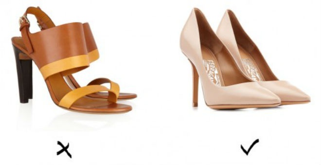 2. Giày cao gót: Những đôi giày có quai to sẽ làm đôi chân của bạn trông ngắn ngủn. Giày cao gót không quai, đặc biệt là màu nude, sẽ giúp bạn sở hữu vóc dáng thon gọn bất ngờ.