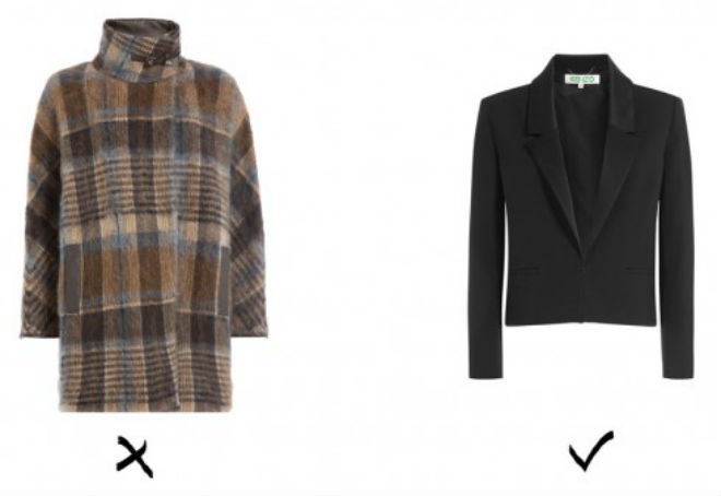 5. Áo khoác: Những chiếc áo jacket không có đường vai hoặc quá xuôi sẽ khiến bạn thấp hơn. Ngoài ra, bạn không nên chọn áo khoác có độ dài quá hông. Kiểu áo khoác có đường may ở vai sẽ định hình được dáng người, làm bạn trông cao và gầy hơn.