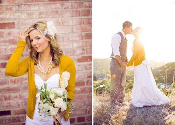 Chiếc áo khoác cardigan đơn giản không cầu kì vừa giúp cô dâu giữ ấm vào những ngày mưa lạnh vừa tạo nên nét riêng biệt cho chiếc áo cưới.