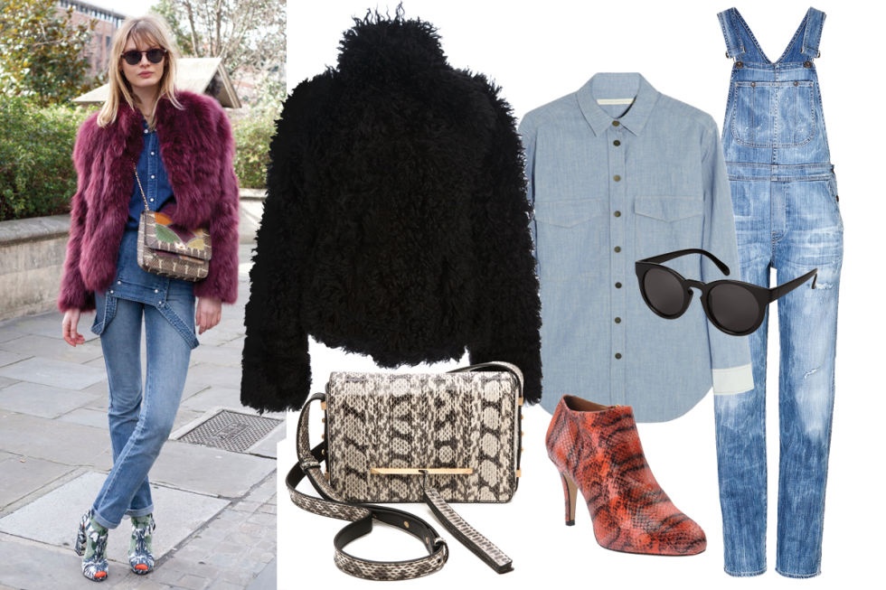 Set đồ quần yếm, áo khoác lông, sơ mi denim và phụ kiện họa tiết da báo hoặc da rắn sẽ mang lại vẻ đẹp hiện đại và sành điệu cho bạn gái.
