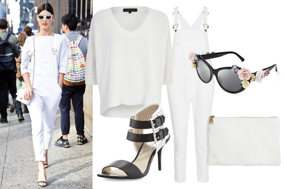 Thay vì chọn quần yếm denim xanh thông thường, bạn có thể diện kiểu quần trắng cùng áo len cổ tròn, sandals cao gót quai ngang, ví cầm tay đồng màu. Một cặp kính mắt giúp bạn trở nên sành điệu hơn.