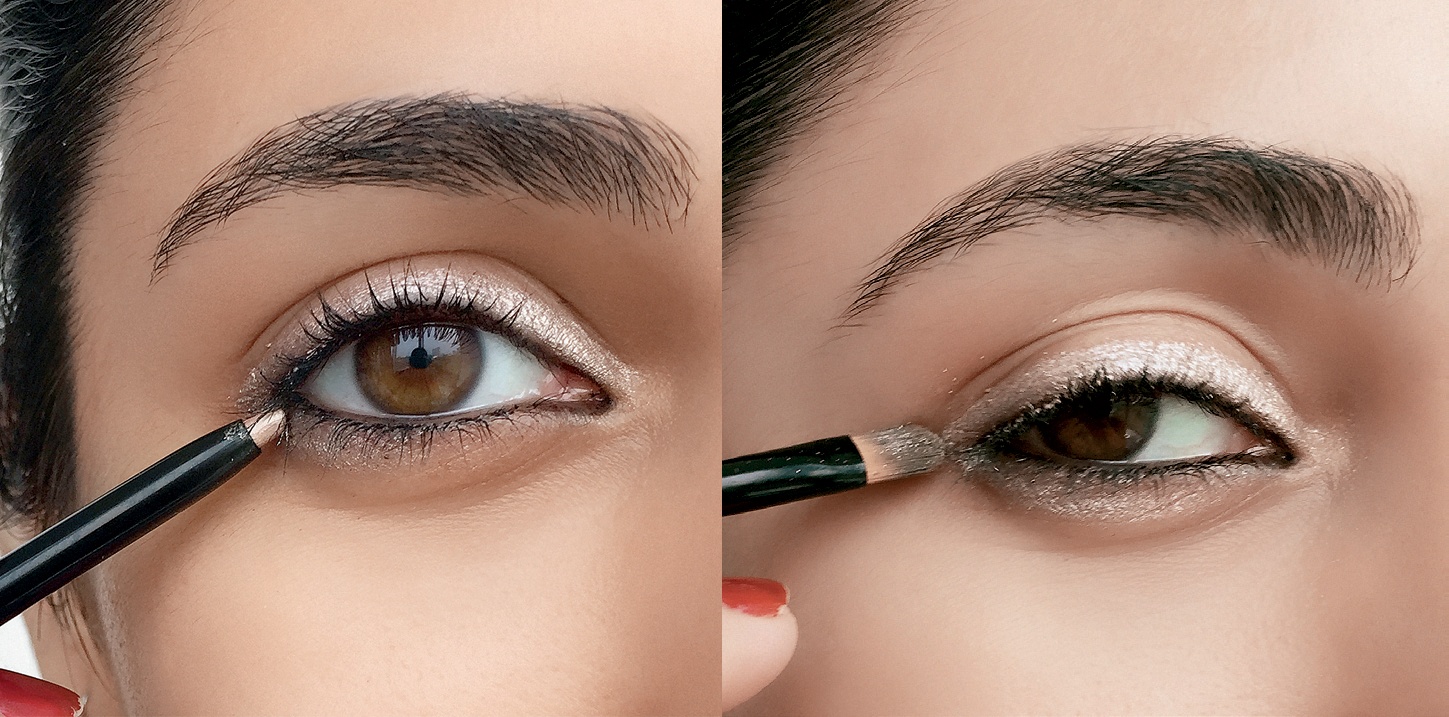 1. Trang điểm mắt bền màu cả ngày: Kết hợp eyeliner cùng với màu mắt tông nude để giữ viền mắt không lem và bền màu hơn. Đầu tiên, bạn vẽ mắt với eyeliner đen dạng chì. Sau đó, nhẹ tay viền chút phấn mắt màu nude chồng lên đường eyeliner vừa vẽ để giữ chúng lâu trôi.