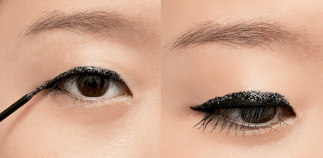10. Vẽ chồng eyeliner lấp lánh lên eyeliner đen để đi tiệc: Bạn phải đi dự tiệc ngay sau khi tan làm? Hãy vẽ eyeliner chứa nhũ chồng lên eyeliner đen đã vẽ lúc sáng, chắc chắn bạn sẽ có diện mạo hoàn chỉnh cho buổi tiệc đang chào đón.
