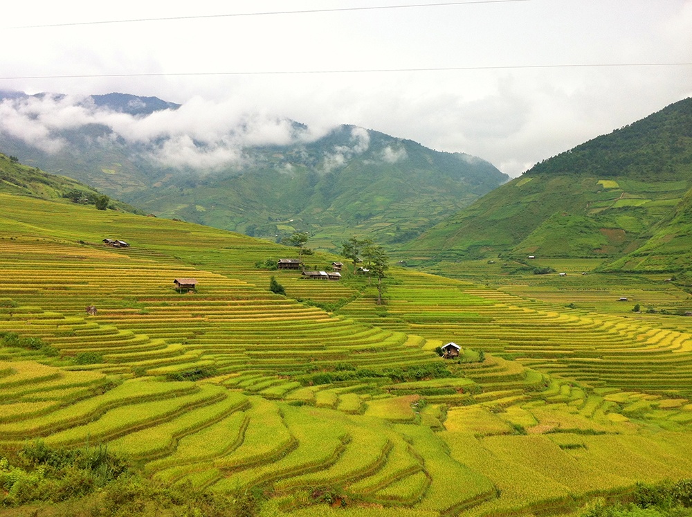 Bản Lìm Mông nhìn từ trên cao. Xế chiều, mùi lúa chín thơm quyện với mùi khói bếp, khói đốt rơm tạo cảm giác thật thanh bình