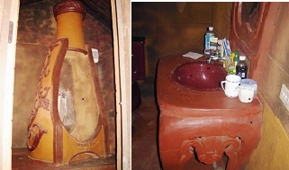 Phòng tắm được làm theo mô phỏng của thiết kế chai rượu và bồn rửa mặt bằng đất sét. Tất cả đều được dùng cho sinh hoạt bình thường. Ảnh nhandan