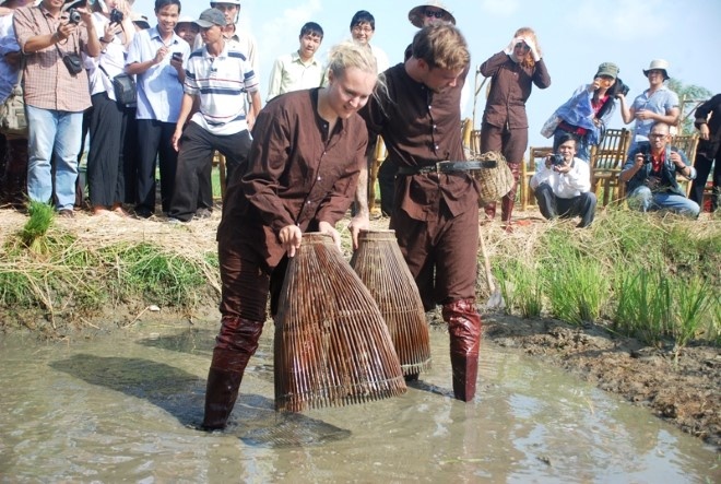 Những ông tây lội bùn xuống ruộng đơm cá. Ảnh thethaovanhoa