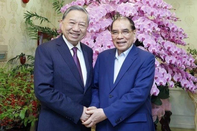 Tong Bi thu To Lam tham, chuc Tet nguyen Tong Bi thu Nong Duc Manh hinh anh