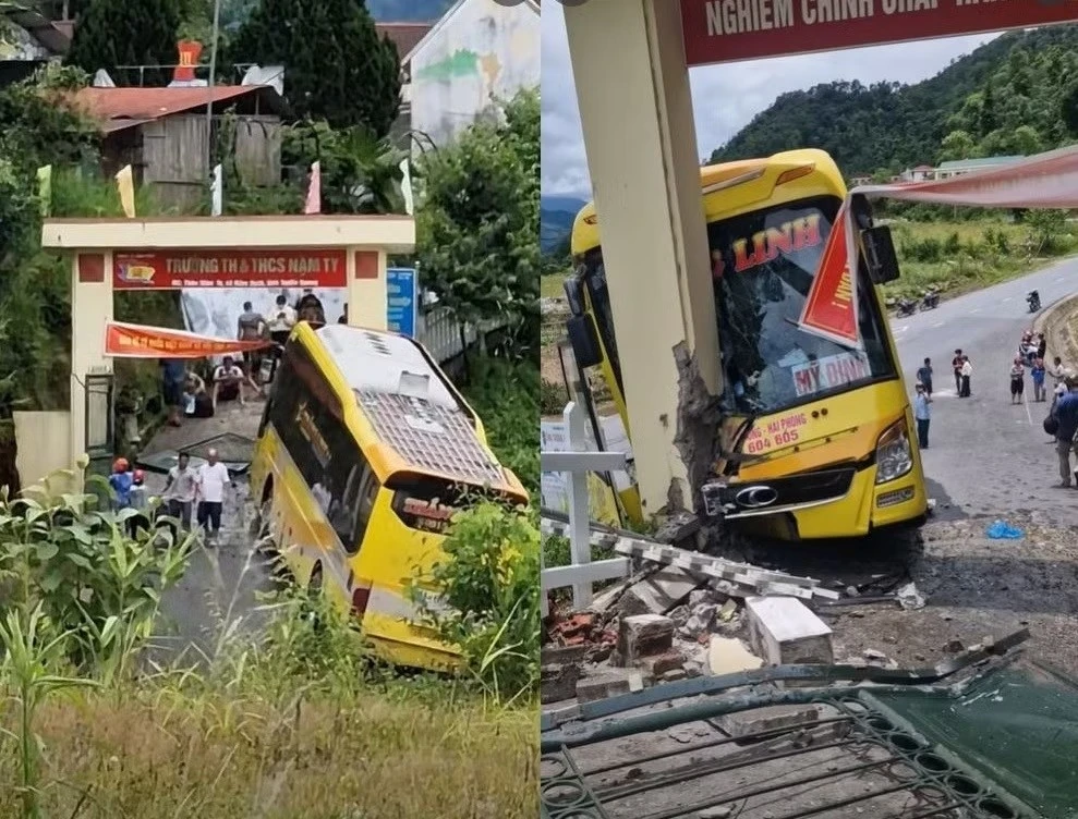 Xe giuong nam mat phanh, lao vao cong truong hinh anh