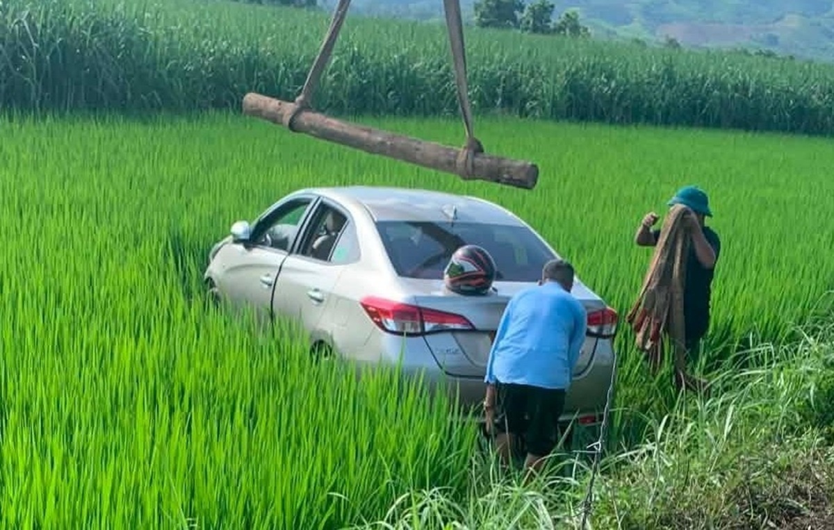 Tài xế xe dịch vụ nghi đột quỵ, ôtô lao xuống ruộng