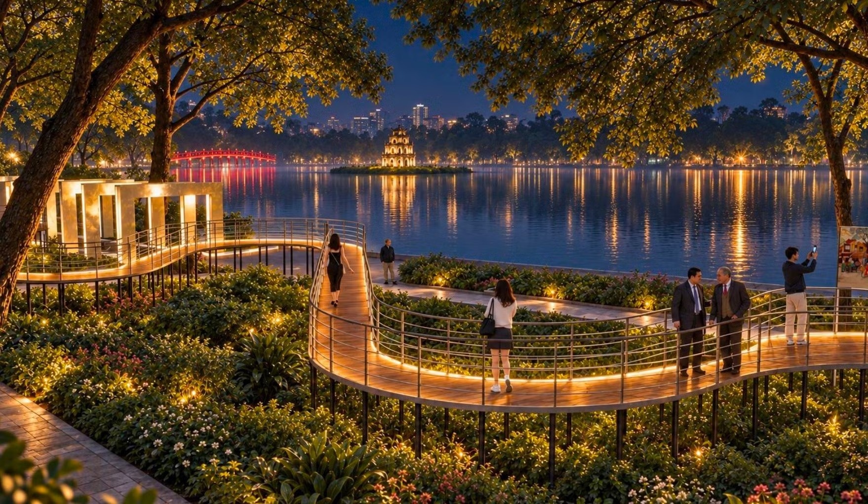 Lắp đặt cầu tạm, khung gương giữa vườn hoa Hồ Hoàn Kiếm