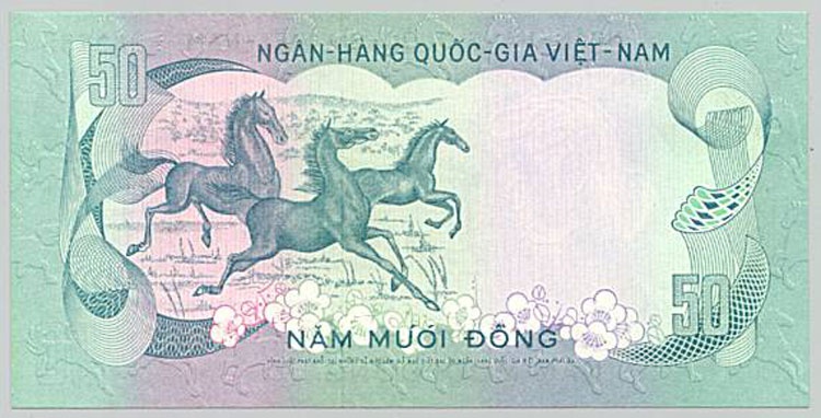 Năm 1972, chính quyền Việt Nam Cộng Hòa phát hành bộ tiền với 5 loại mệnh giá, từ 50 đồng đến 1.000 đồng. Mặt trước của các tờ tiền này giống nhau, đều in hình Dinh Độc Lập, nhưng mặt sau lại là hình những con vật. Tờ tiền 50 đồng in hình ngựa, có màu xanh dương.