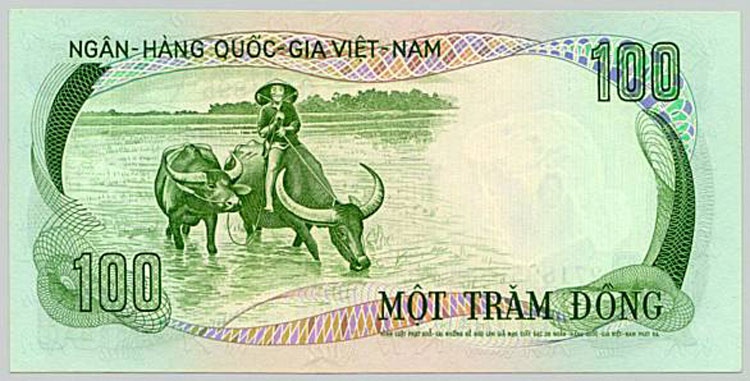 Tờ tiền mệnh giá 100 đồng in hình con trâu, màu chủ đạo là xanh lá.