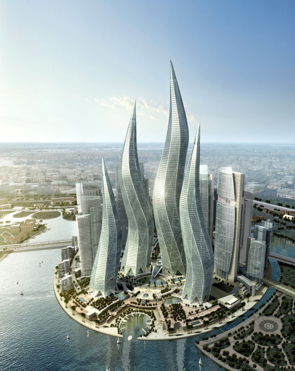 Dubai Towers là cụm công trình gồm 4 tòa tháp tạo hình ngọn đuốc tọa lạc tại quận Lagoons, Dubai. Mỗi tòa tháp có từ 57 đến 94 tầng, trong đó, tầng cao nhất của tổ hợp công trình này cách mặt đất tới gần nửa km.