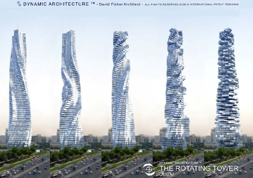 Lấy cảm hứng từ hình ảnh cát chảy, Rotating Tower là tòa nhà cao 420m với 80 tầng có khả năng quay tròn 360 độ xung quanh một trục chính điều khiển bằng 79 tua bin chạy bằng sức gió lắp đặt tại mỗi tầng. Công trình này luôn chuyển động thay đổi hình dáng, đồng thời sản sinh ra điện năng cho chính nó cũng như những tòa nhà nằm kế bên.