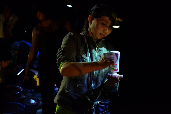 Sử dụng thuốc chống muỗi, hình ảnh thường ngày ở chợ cá đêm mùa nước nổi. 