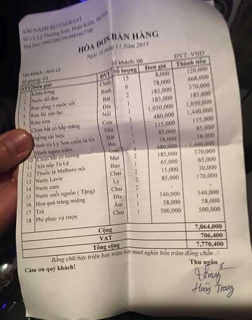 Hóa đơn 7,7 triệu đồng bị khách hàng thắc mắc là quá đắt đỏ và có nhiều chi tiết vô lý. Ảnh: FBNV.