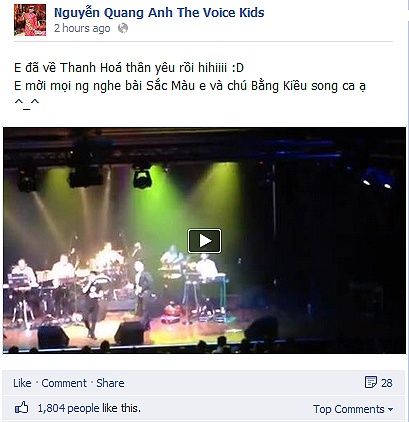 Clip song ca với Bằng Kiều được chia sẻ trên fanpage của Quang Anh nhanh chóng thu hút sự chú ý của người hâm mộ.