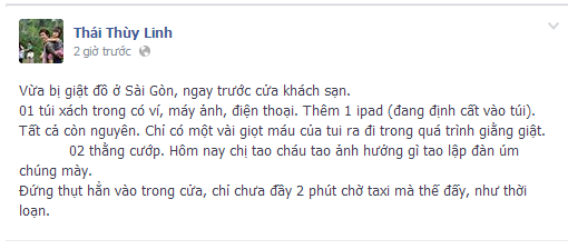 Thái Thùy Linh không giấu được sự bức xúc sau khi bị cướp.