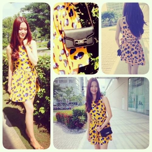 Hoa hậu Thùy Dung thường phối túi xách nhỏ xinh với trang phục tươi trẻ mỗi khi xuống phố.