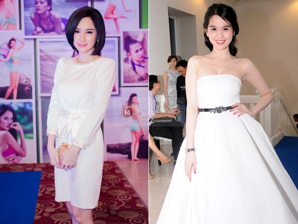 Cùng tông màu trắng nhưng một người quá đỗi già dặn, người lại hết sức trẻ trung. Điều bất ngờ nữa là Ngọc Trinh hơn Angela Phương Trinh tận 6 tuổi.