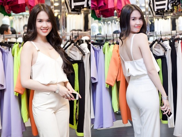 Ngọc Trinh lại chọn cho mình một bộ jumpsuit trắng có kiểu dáng hao hao hàng loạt trang phục jumpsuit cô đã từng diện trước đó.