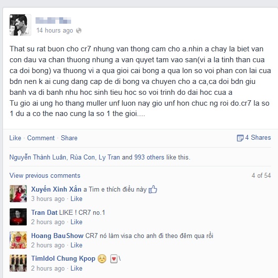 Tim chứng tỏ mình là một fan cuồng của CR7 thông qua những chia sẻ trên trang cá nhân.