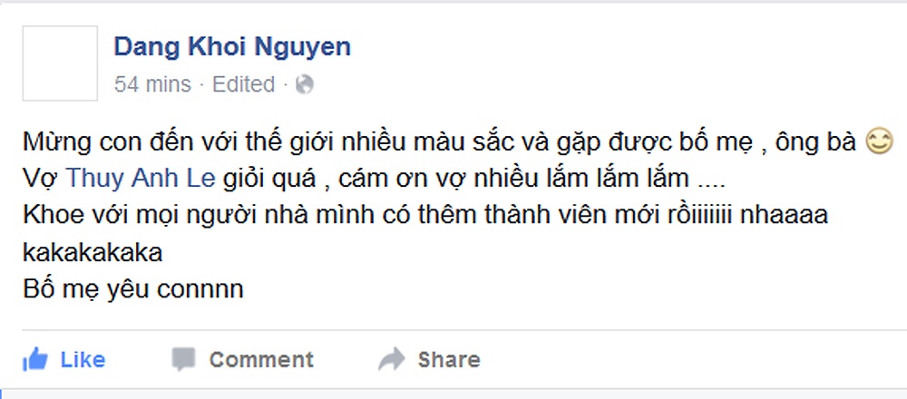 Đăng Khôi chia sẻ niềm vui có thêm thành viên trong gia đình trên trang cá nhân.