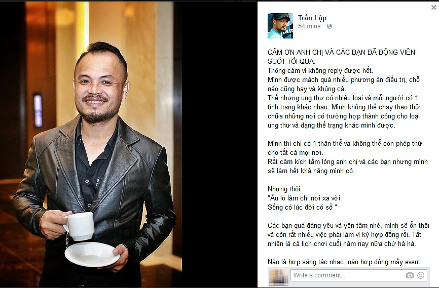 Những chia sẻ của Trần Lập chỉ trong một thời gian ngắn đã nhận được hàng chục lượt like và nhiều bình luận động viên anh bình tĩnh đối mặt với thử thách của cuộc sống.