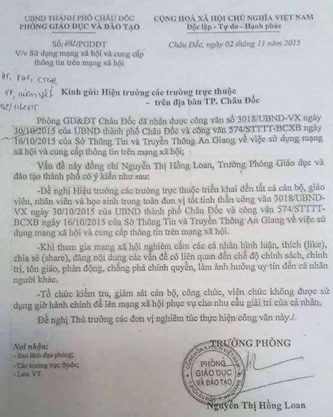 Văn bản của Phòng GD-ĐT Châu Đốc.