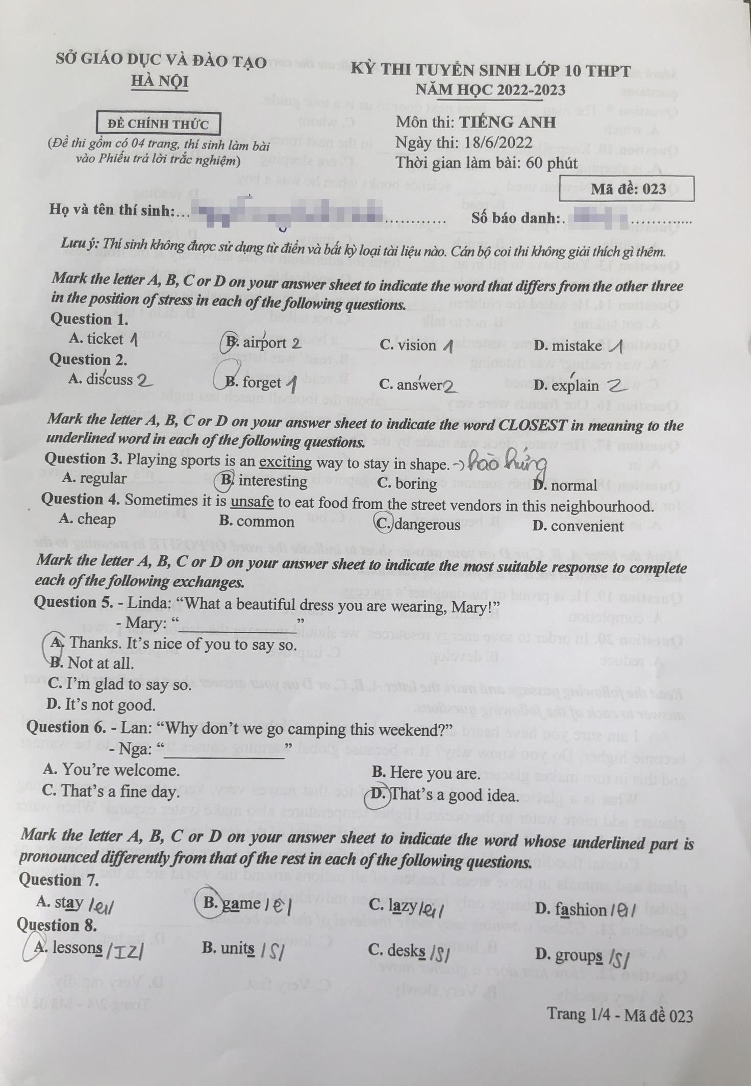 De thi vao 10 mon Tieng Anh anh 8