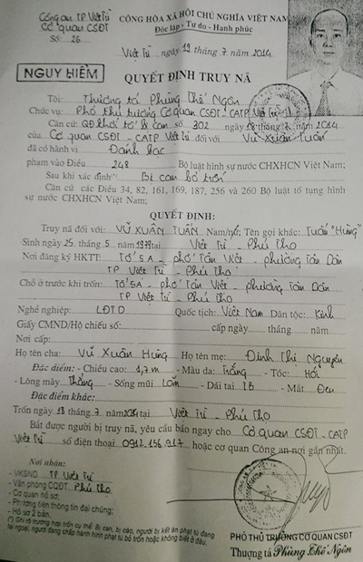 Tuấn bị truy nã nguy hiểm toàn quốc.