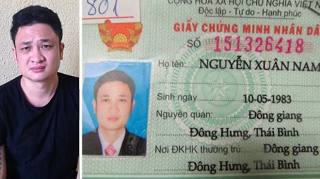 Đức “Cổ Lễ” khi bị bắt (ảnh trái). CMND giả mà Đức mang theo để sử dụng.