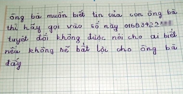 Bức thư Liễu định gửi tống tiền gia đình bé gái.