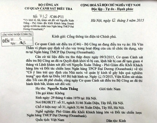 Công văn Cơ quan điều tra gửi tới báo chí.