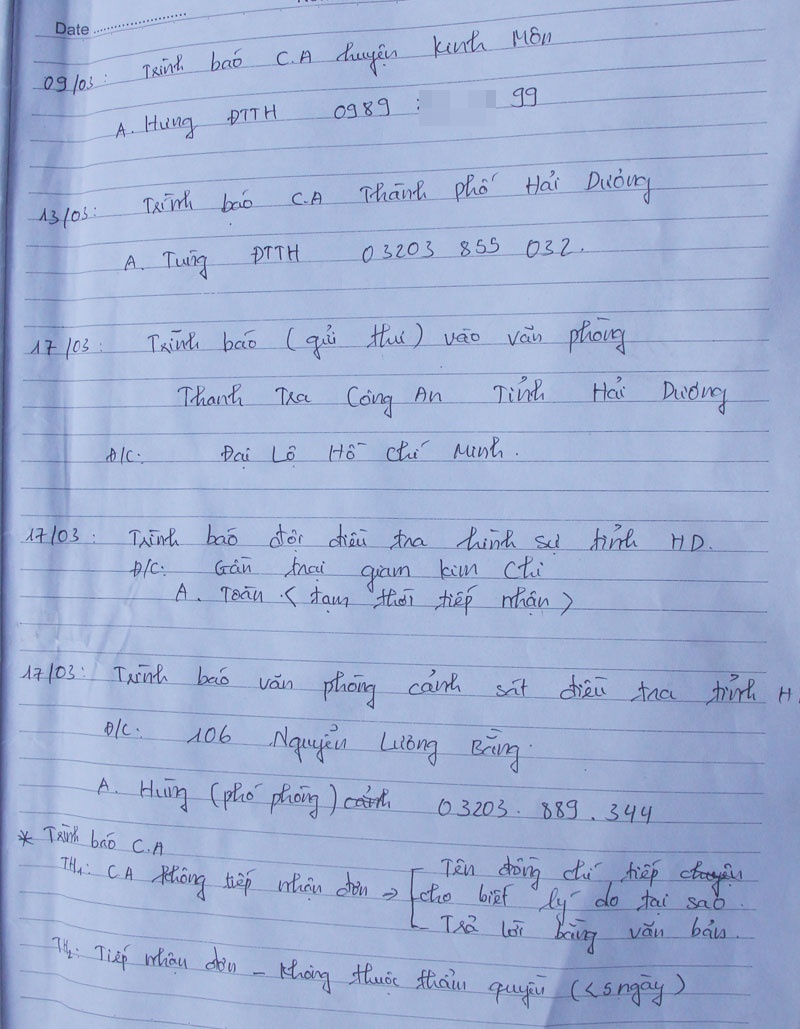 Lan ghi chép các địa chỉ mình đã gửi đơn cầu cứu. Ảnh: Việt Đức.